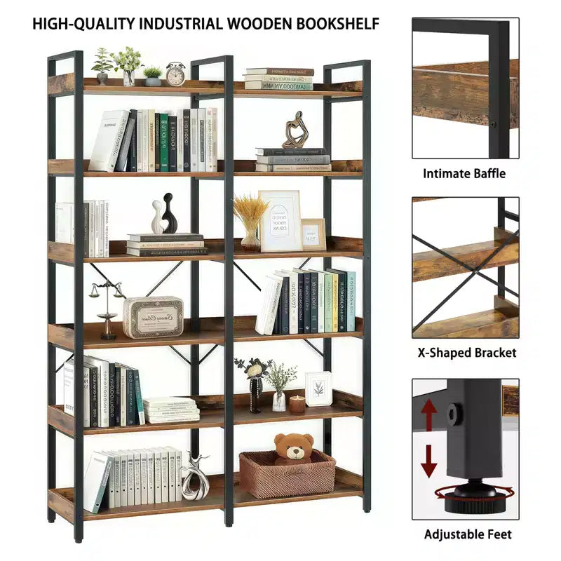 6-Tier Industrial Bookshelf, 67", Wooden Open Shelves & Metal Frame, Freestanding Storage