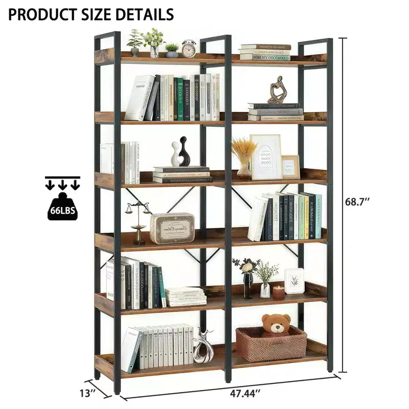 6-Tier Industrial Bookshelf, 67", Wooden Open Shelves & Metal Frame, Freestanding Storage