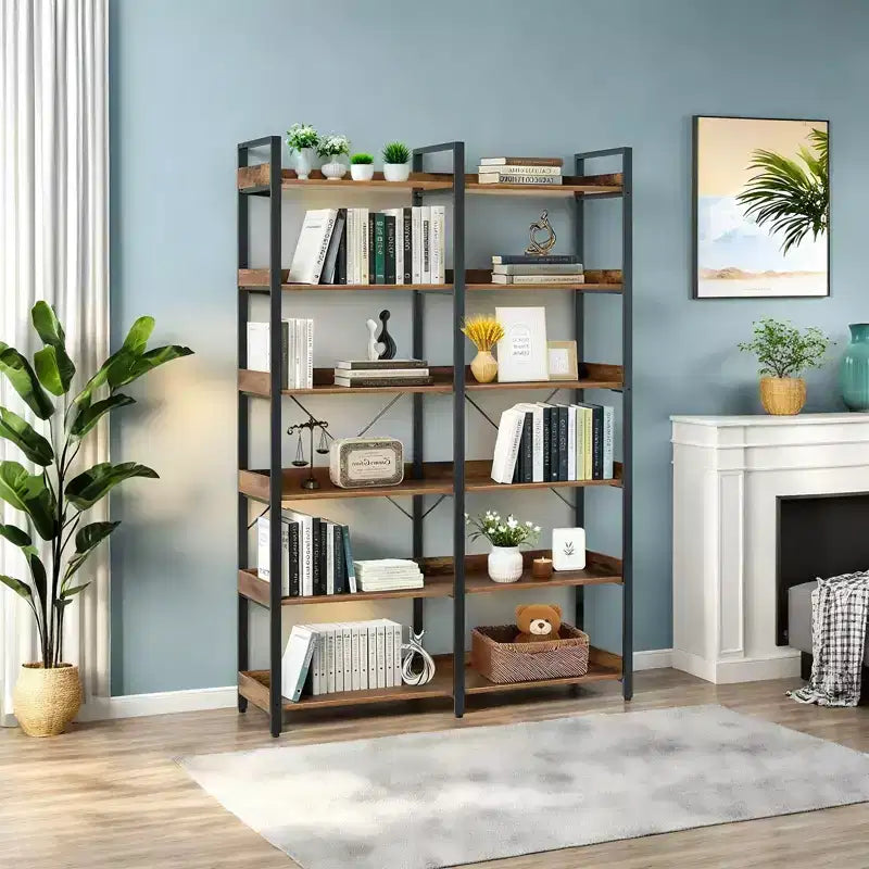 6-Tier Industrial Bookshelf, 67", Wooden Open Shelves & Metal Frame, Freestanding Storage