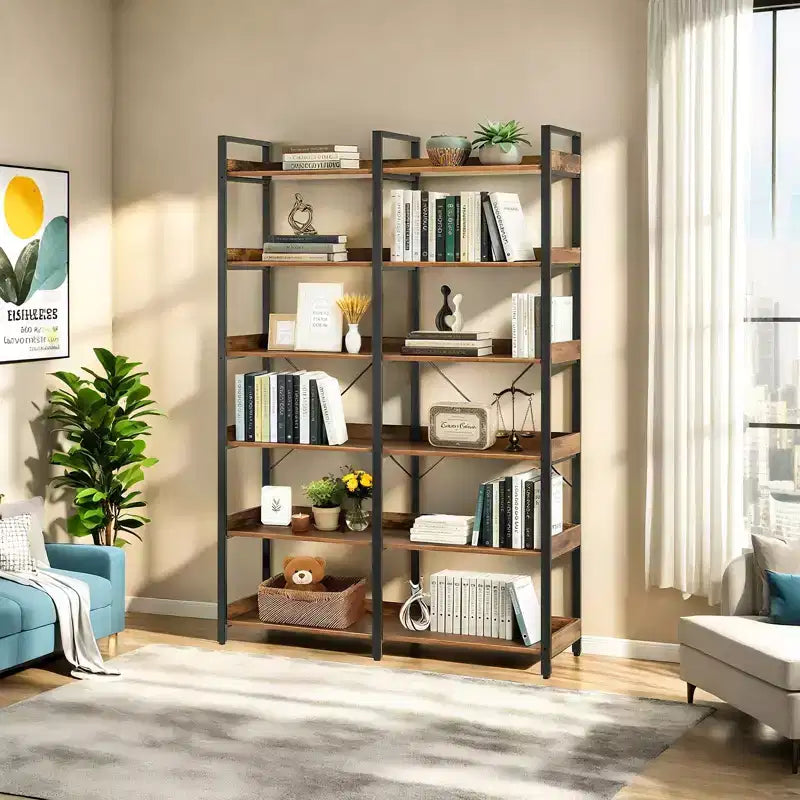 6-Tier Industrial Bookshelf, 67", Wooden Open Shelves & Metal Frame, Freestanding Storage