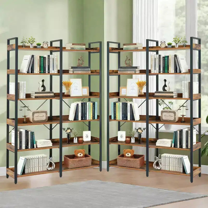 6-Tier Industrial Bookshelf, 67", Wooden Open Shelves & Metal Frame, Freestanding Storage