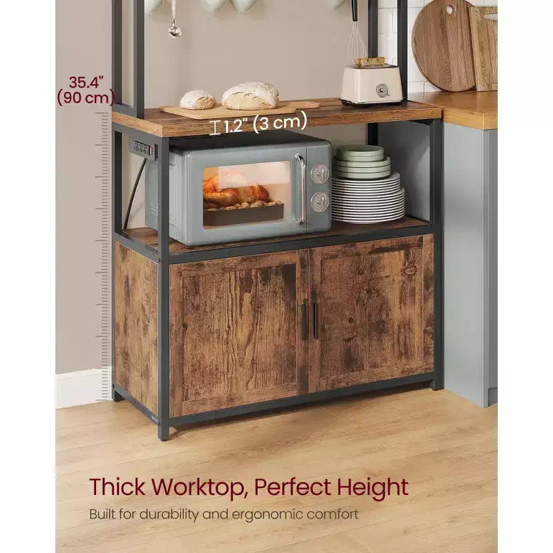Kitchen Baker's Rack with Power Outlet, Coffee Bar 35.4" Worktop, Microwave Stand & 8 Hooks
