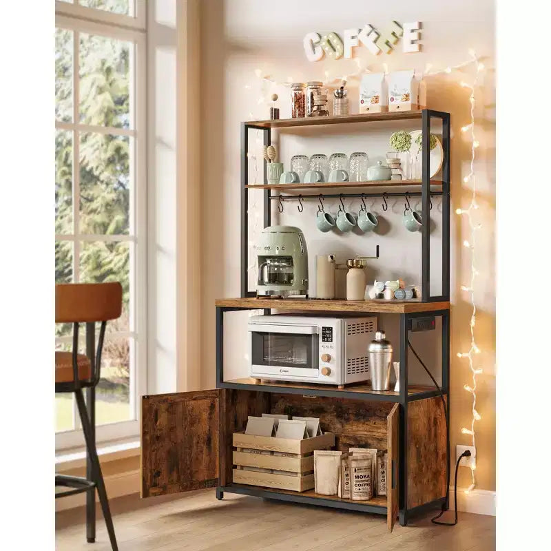 Kitchen Baker's Rack with Power Outlet, Coffee Bar 35.4" Worktop, Microwave Stand & 8 Hooks