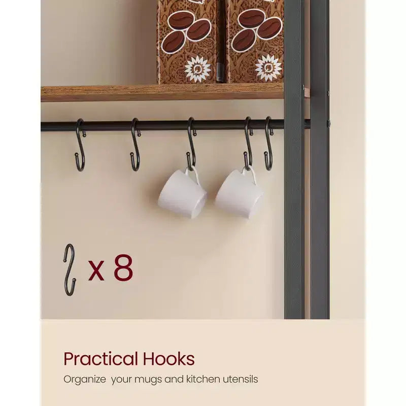 Kitchen Baker's Rack with Power Outlet, Coffee Bar 35.4" Worktop, Microwave Stand & 8 Hooks