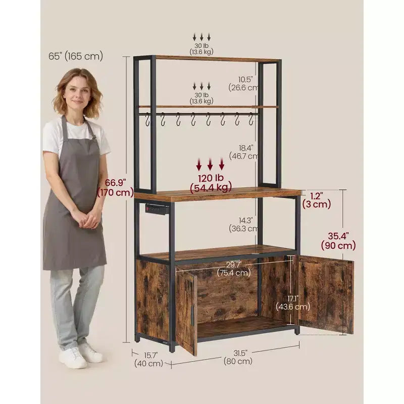 Kitchen Baker's Rack with Power Outlet, Coffee Bar 35.4" Worktop, Microwave Stand & 8 Hooks
