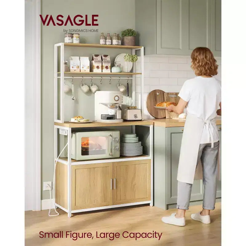 Kitchen Baker's Rack with Power Outlet, Coffee Bar 35.4" Worktop, Microwave Stand & 8 Hooks