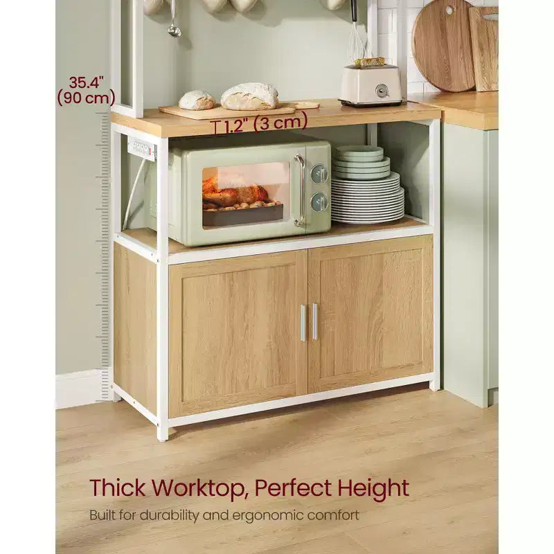 Kitchen Baker's Rack with Power Outlet, Coffee Bar 35.4" Worktop, Microwave Stand & 8 Hooks