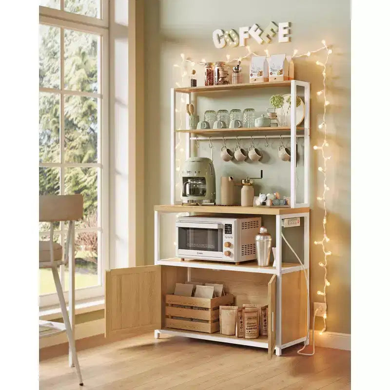 Kitchen Baker's Rack with Power Outlet, Coffee Bar 35.4" Worktop, Microwave Stand & 8 Hooks