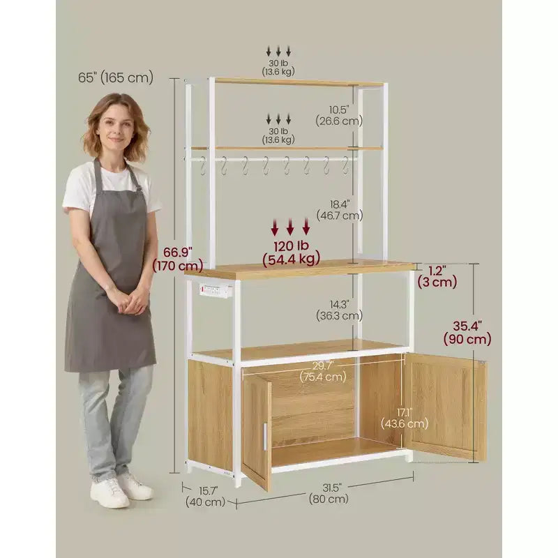 Kitchen Baker's Rack with Power Outlet, Coffee Bar 35.4" Worktop, Microwave Stand & 8 Hooks