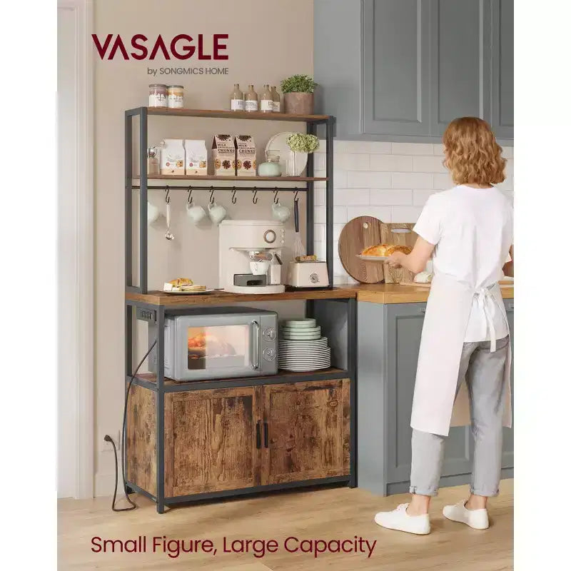 Kitchen Baker's Rack with Power Outlet, Coffee Bar 35.4" Worktop, Microwave Stand & 8 Hooks