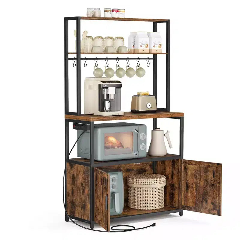 Kitchen Baker's Rack with Power Outlet, Coffee Bar 35.4" Worktop, Microwave Stand & 8 Hooks