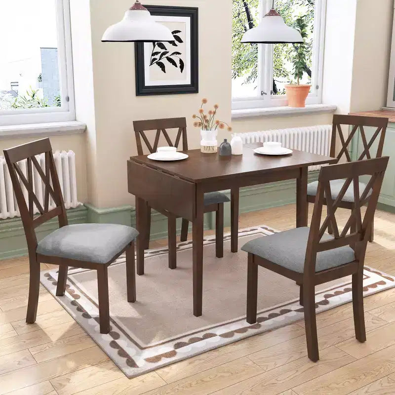 5-Piece Drop Leaf Dining Table Set with 4 Upholstered Chairs, Space-Saving for Small Spaces