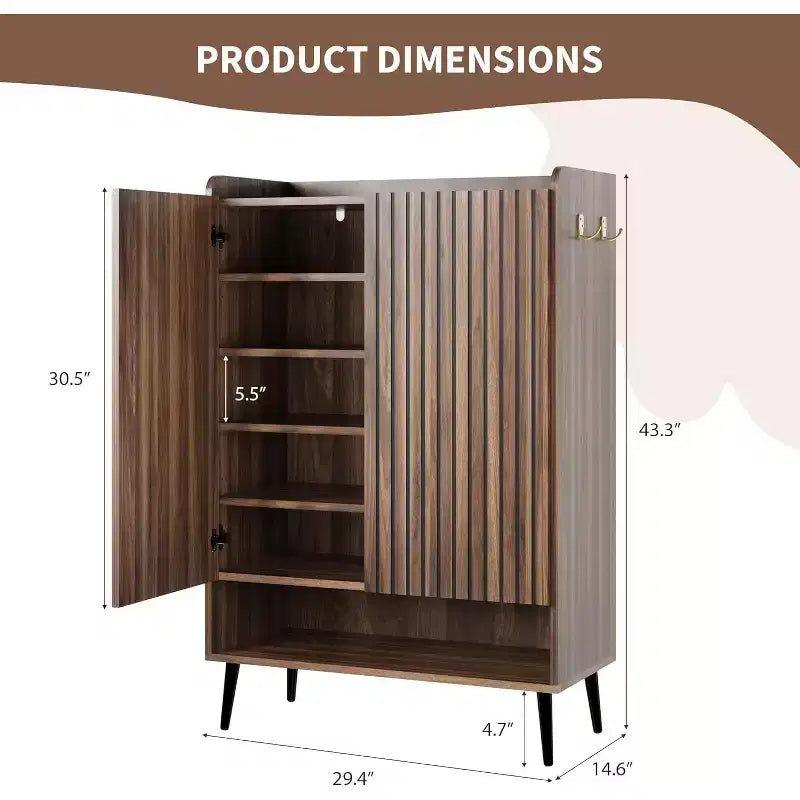 Large Shoe Cabinet with Doors, 6-Tier Shoe Organizer with 2 Doors & Hooks for Hallway & Entryway