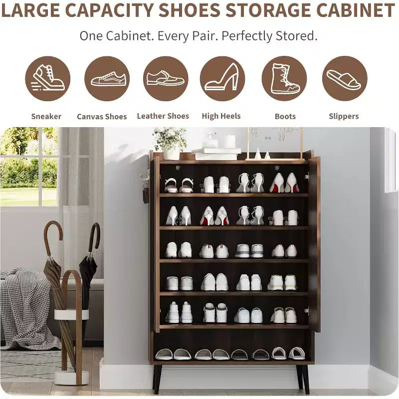 Large Shoe Cabinet with Doors, 6-Tier Shoe Organizer with 2 Doors & Hooks for Hallway & Entryway