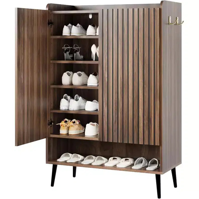 Large Shoe Cabinet with Doors, 6-Tier Shoe Organizer with 2 Doors & Hooks for Hallway & Entryway