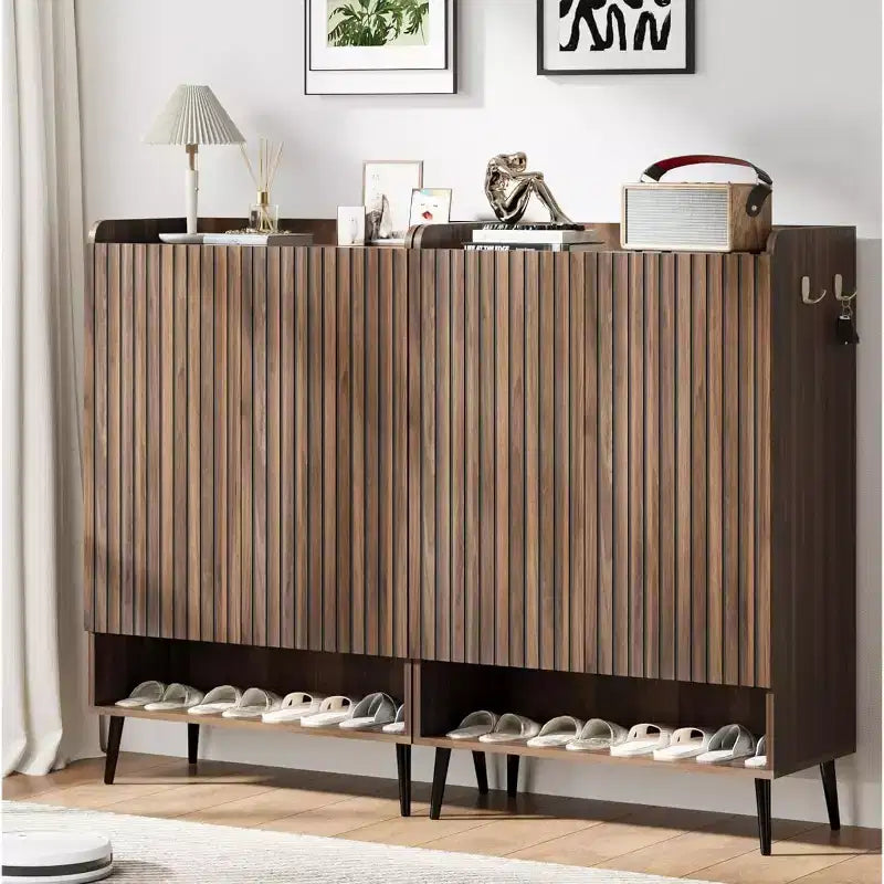 Large Shoe Cabinet with Doors, 6-Tier Shoe Organizer with 2 Doors & Hooks for Hallway & Entryway