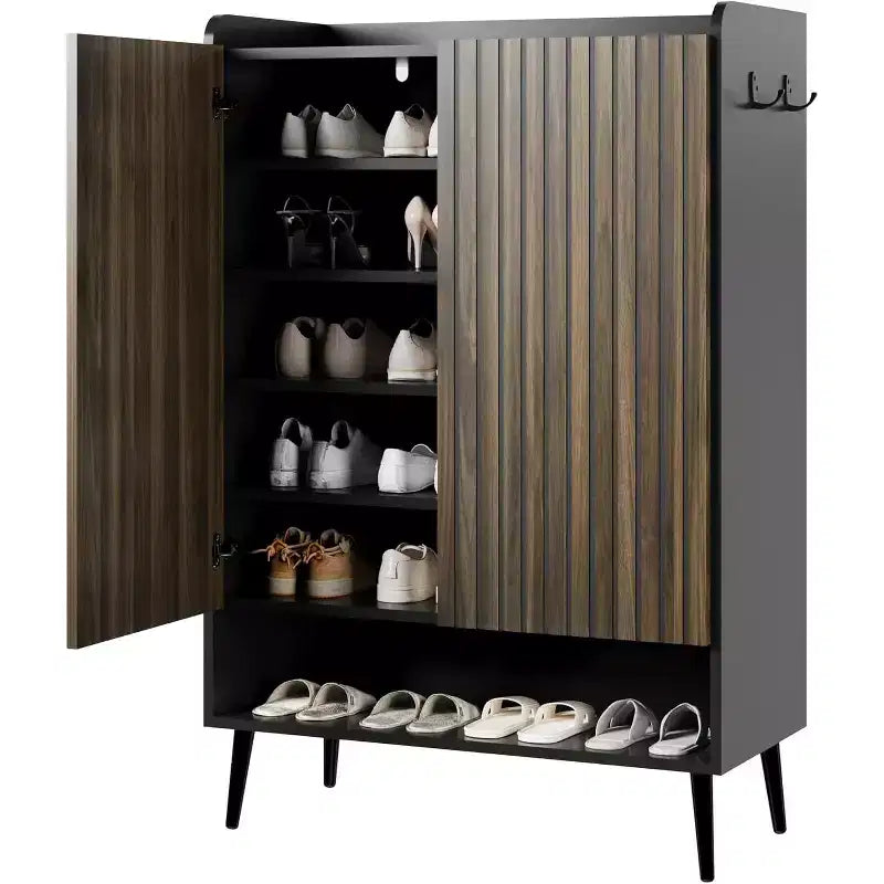Large Shoe Cabinet with Doors, 6-Tier Shoe Organizer with 2 Doors & Hooks for Hallway & Entryway