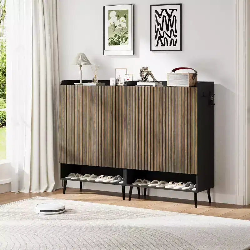 Large Shoe Cabinet with Doors, 6-Tier Shoe Organizer with 2 Doors & Hooks for Hallway & Entryway