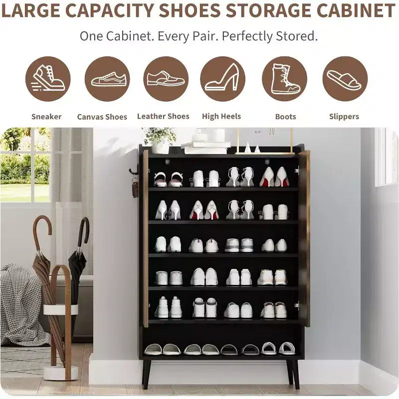 Large Shoe Cabinet with Doors, 6-Tier Shoe Organizer with 2 Doors & Hooks for Hallway & Entryway