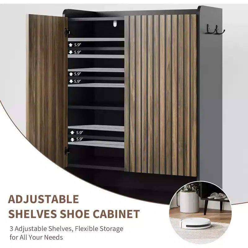 Large Shoe Cabinet with Doors, 6-Tier Shoe Organizer with 2 Doors & Hooks for Hallway & Entryway