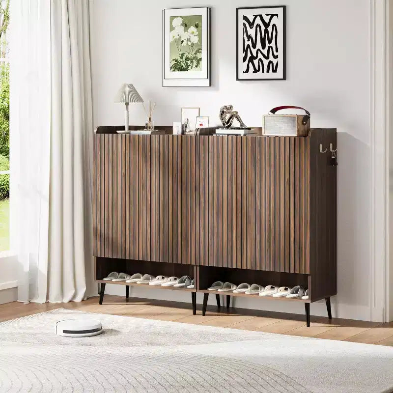 Large Shoe Cabinet with Doors, 6-Tier Shoe Organizer with 2 Doors & Hooks for Hallway & Entryway