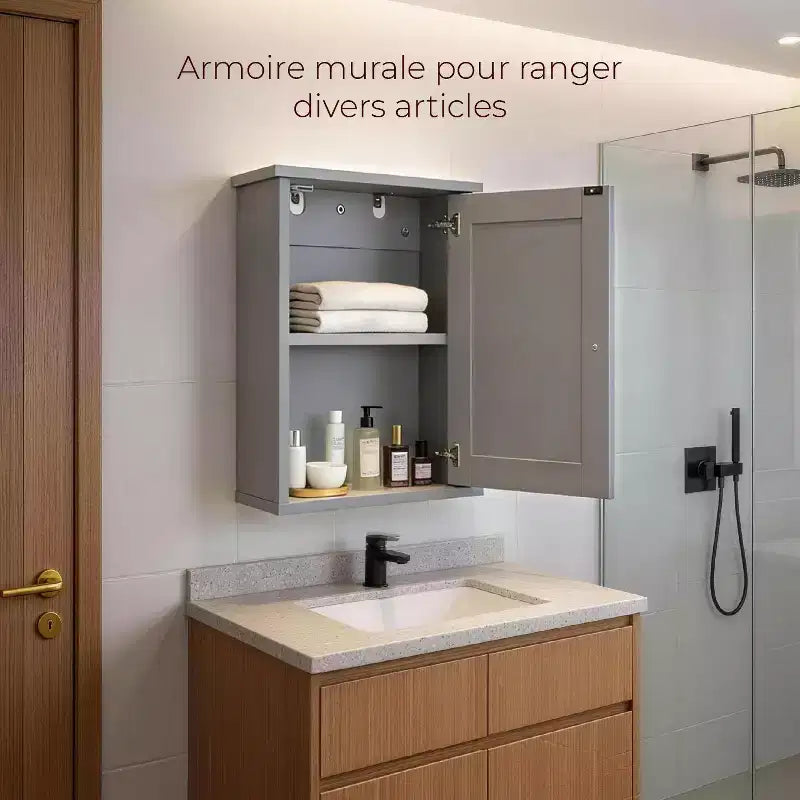 Gray Bathroom Wall Cabinet with 1 Door & 1 Shelf, Space-Saving Wall-Mounted Storage