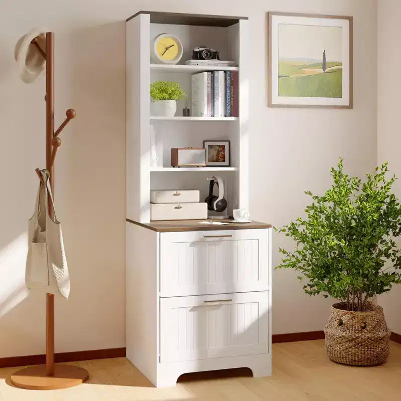 72" Farmhouse Bookcase with 2 File Drawers, White Rustic Wood Storage Cabinet, Adjustable Shelves