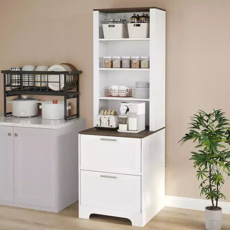 72" Farmhouse Bookcase with 2 File Drawers, White Rustic Wood Storage Cabinet, Adjustable Shelves