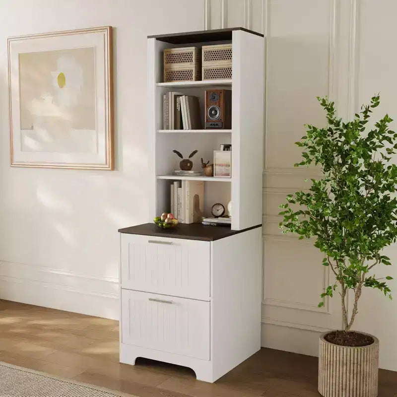 72" Farmhouse Bookcase with 2 File Drawers, White Rustic Wood Storage Cabinet, Adjustable Shelves
