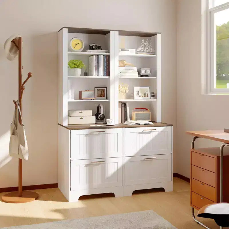 72" Farmhouse Bookcase with 2 File Drawers, White Rustic Wood Storage Cabinet, Adjustable Shelves