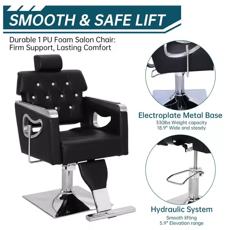 Fauteuil de barbier et de salon inclinable, hauteur réglable, pivotant à 360°, cuir PU, 150 kg
