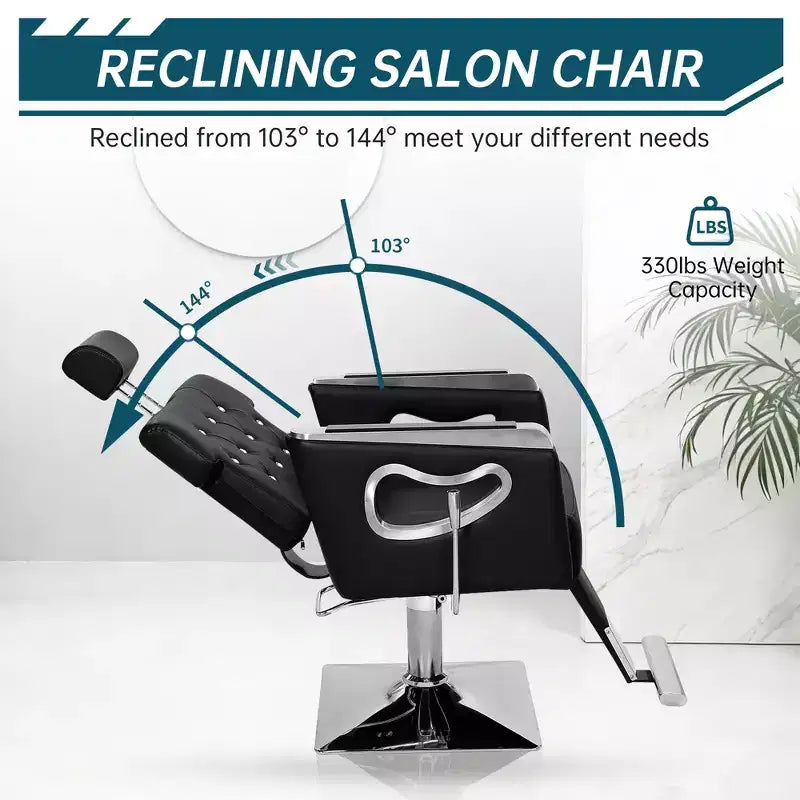 Reclining Barber & Salon Chair, Adjustable Height, 360° Swivel, PU Leather, 330LBS