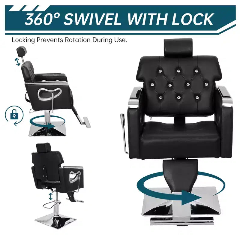 Fauteuil de barbier et de salon inclinable, hauteur réglable, pivotant à 360°, cuir PU, 150 kg