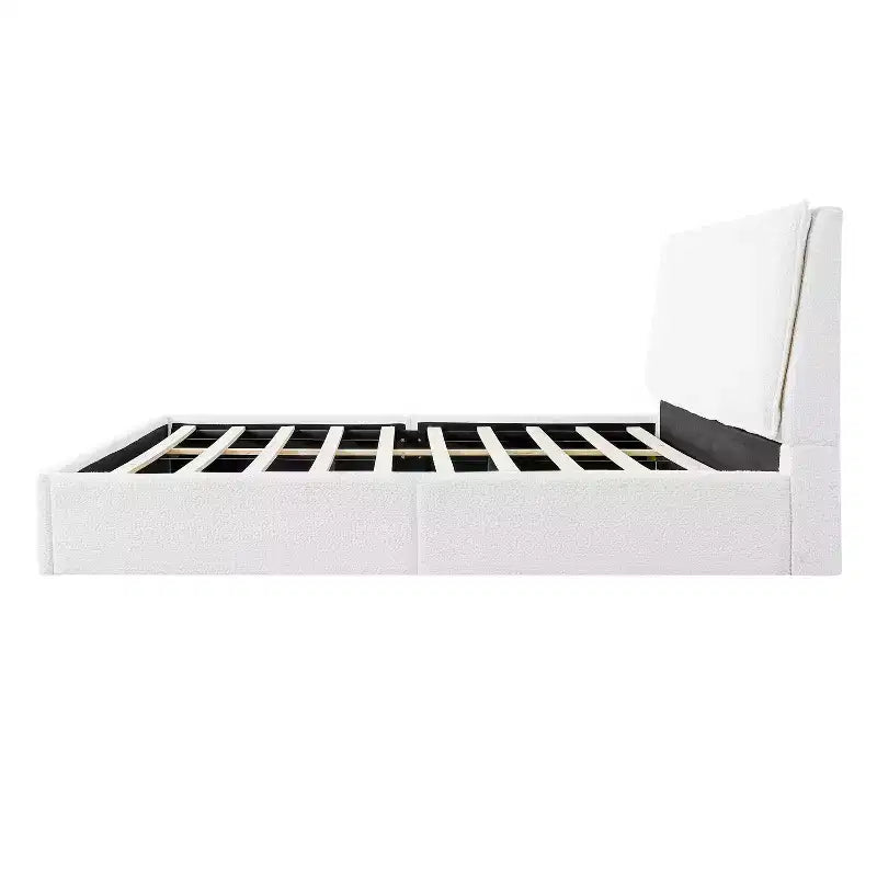 Lit plateforme ergonomique rembourré en tissu bouclette, cadre en bois d'hévéa, capacité de 360 kg