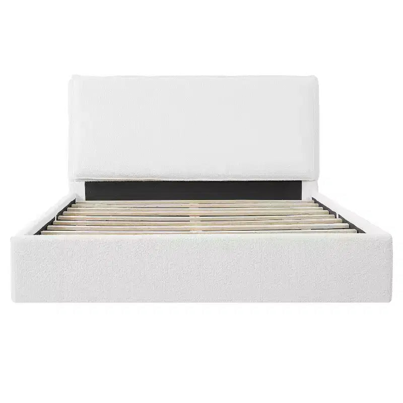 Lit plateforme ergonomique rembourré en tissu bouclette, cadre en bois d'hévéa, capacité de 360 kg