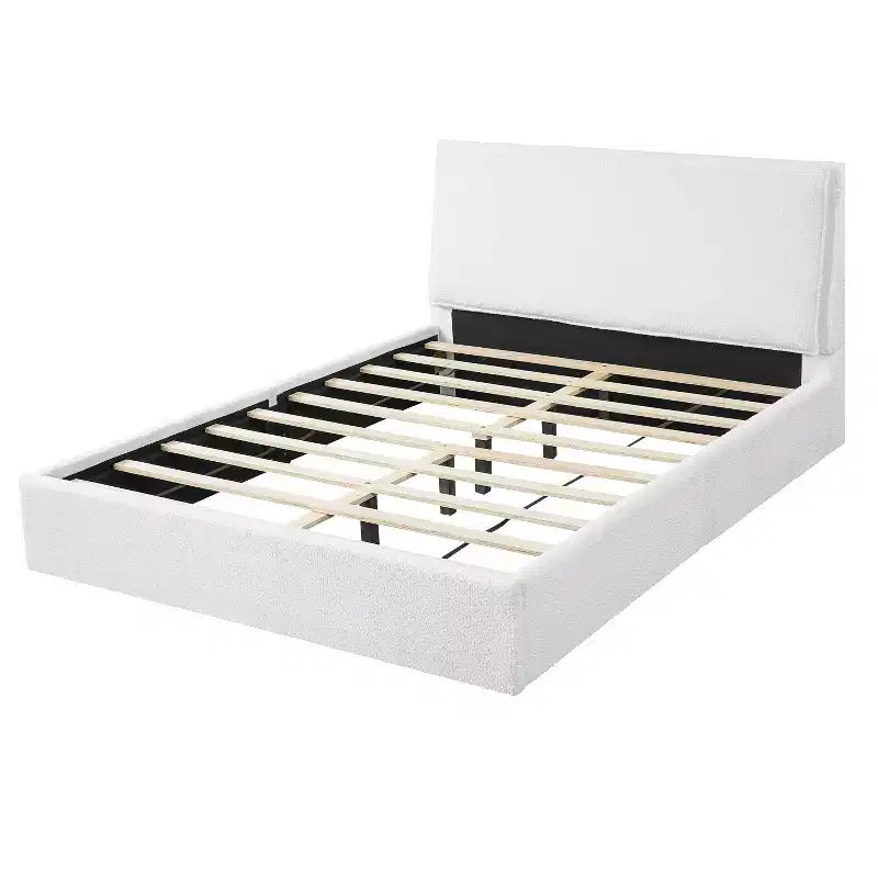 Lit plateforme ergonomique rembourré en tissu bouclette, cadre en bois d'hévéa, capacité de 360 kg