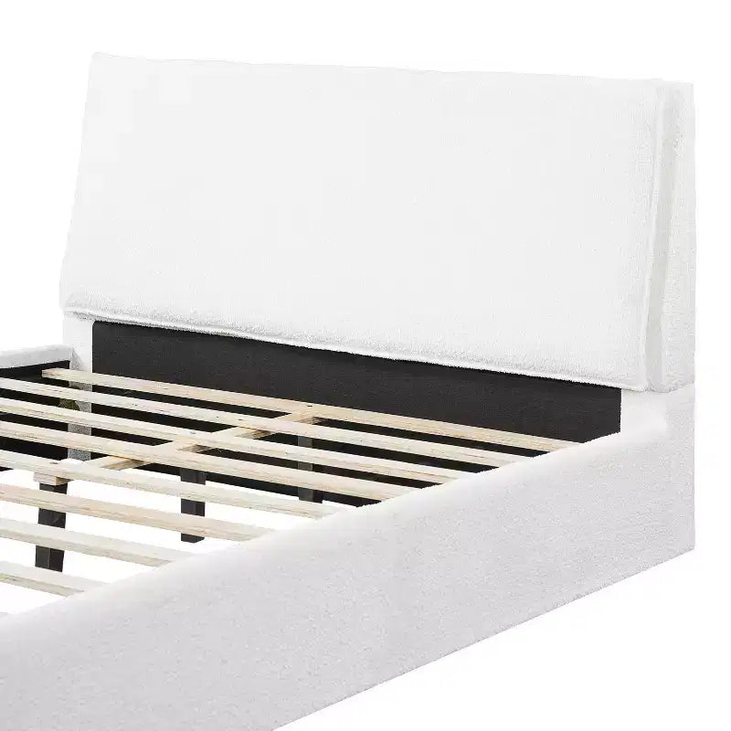 Lit plateforme ergonomique rembourré en tissu bouclette, cadre en bois d'hévéa, capacité de 360 kg