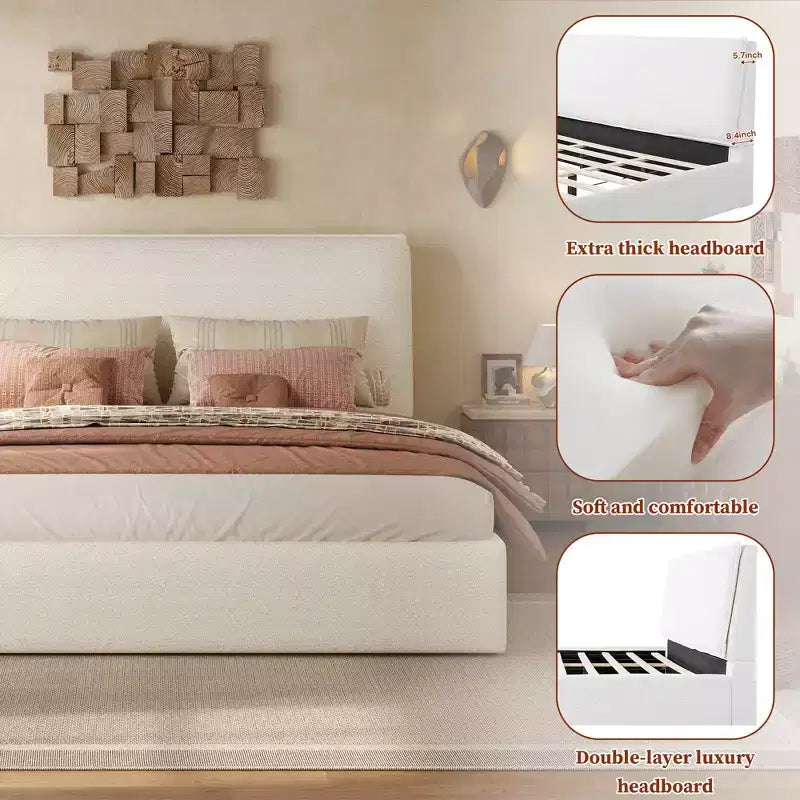 Lit plateforme ergonomique rembourré en tissu bouclette, cadre en bois d'hévéa, capacité de 360 kg