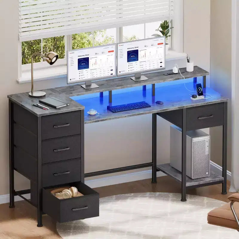 47 Inch Grey Computer Desk with Charging Station Reversible Gaming Desk LED Lights 5 Fabric Drawers Monitor Stand Home Office Writing Table