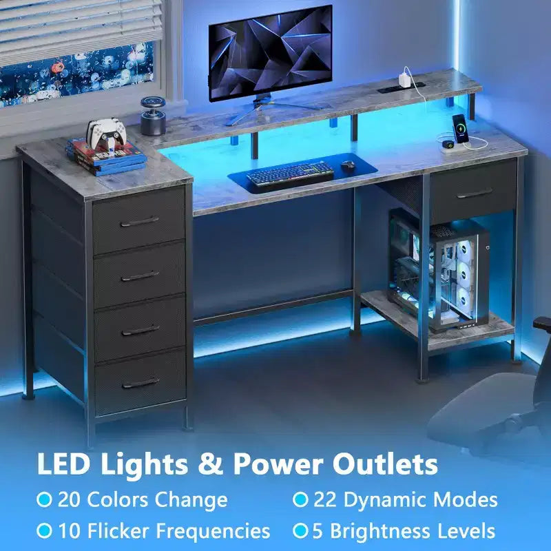 47" Grey Gaming & Computer Desk with Charging Station, LED Lights, 5 Fabric Drawers & Monitor Stand