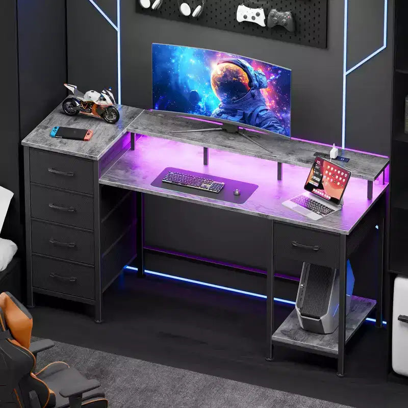 47" Grey Gaming & Computer Desk with Charging Station, LED Lights, 5 Fabric Drawers & Monitor Stand