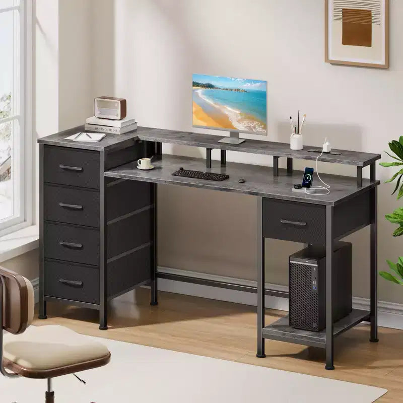 47" Grey Gaming & Computer Desk with Charging Station, LED Lights, 5 Fabric Drawers & Monitor Stand