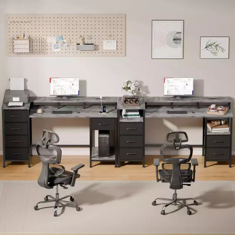 47" Grey Gaming & Computer Desk with Charging Station, LED Lights, 5 Fabric Drawers & Monitor Stand