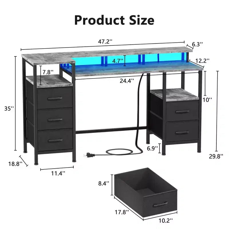 47" Grey Gaming & Computer Desk with Charging Station, LED Lights, 5 Fabric Drawers & Monitor Stand