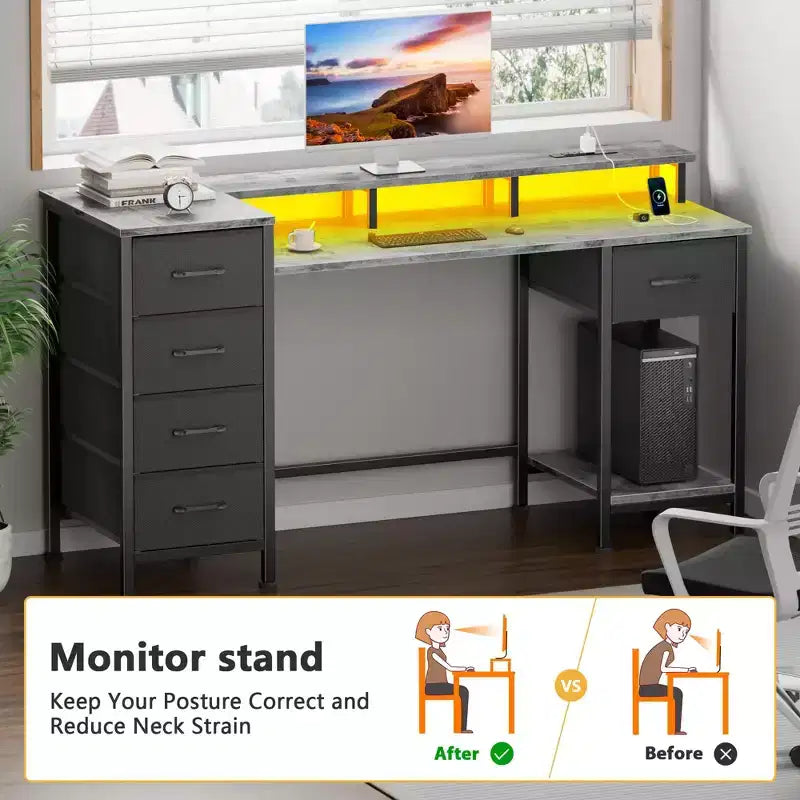 47" Grey Gaming & Computer Desk with Charging Station, LED Lights, 5 Fabric Drawers & Monitor Stand