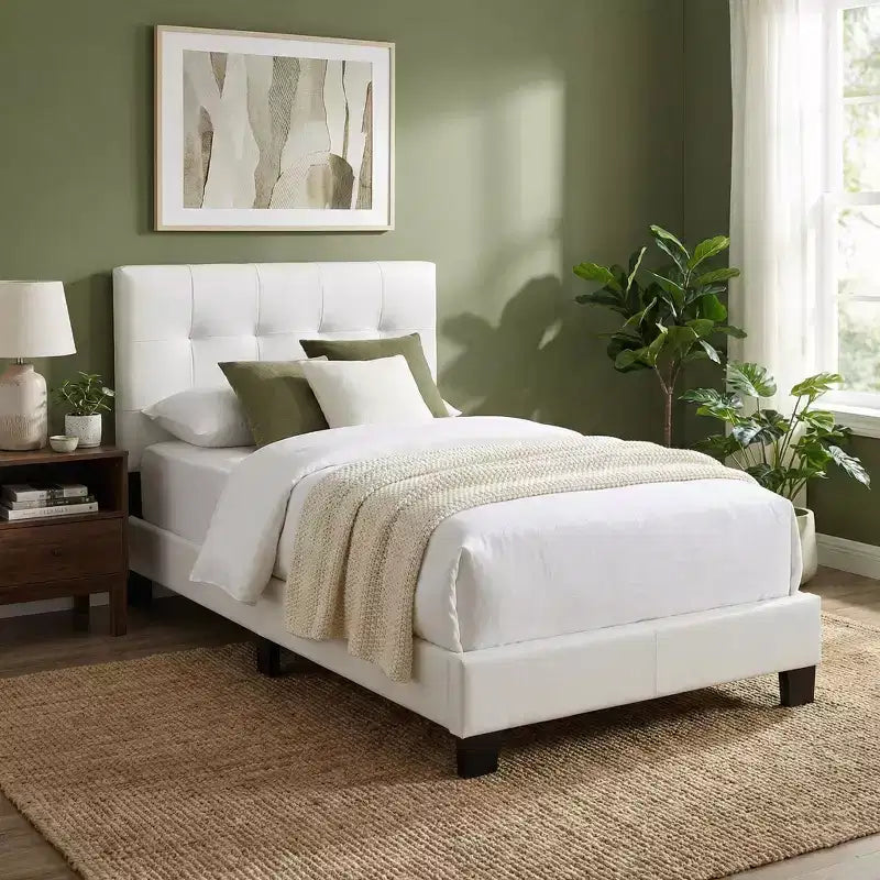 GDFStudio Carson Contemporary Faux Leather Platform Bed Frame with Adjustable Rectangle Headboard