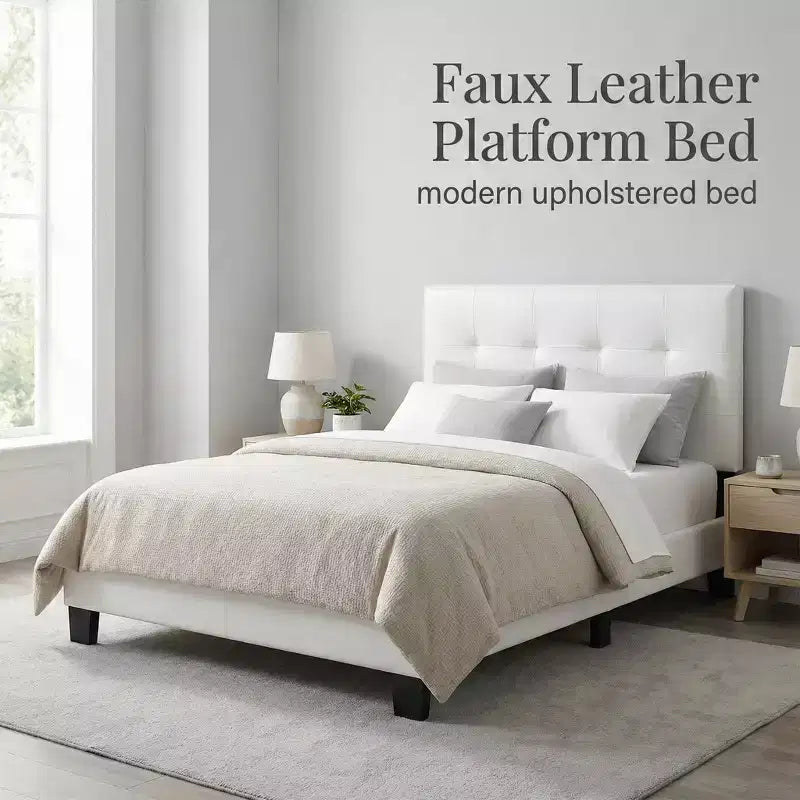 Contemporary Faux Leather Platform Bed Frame with Adjustable Rectangle Headboard, No Box Spring