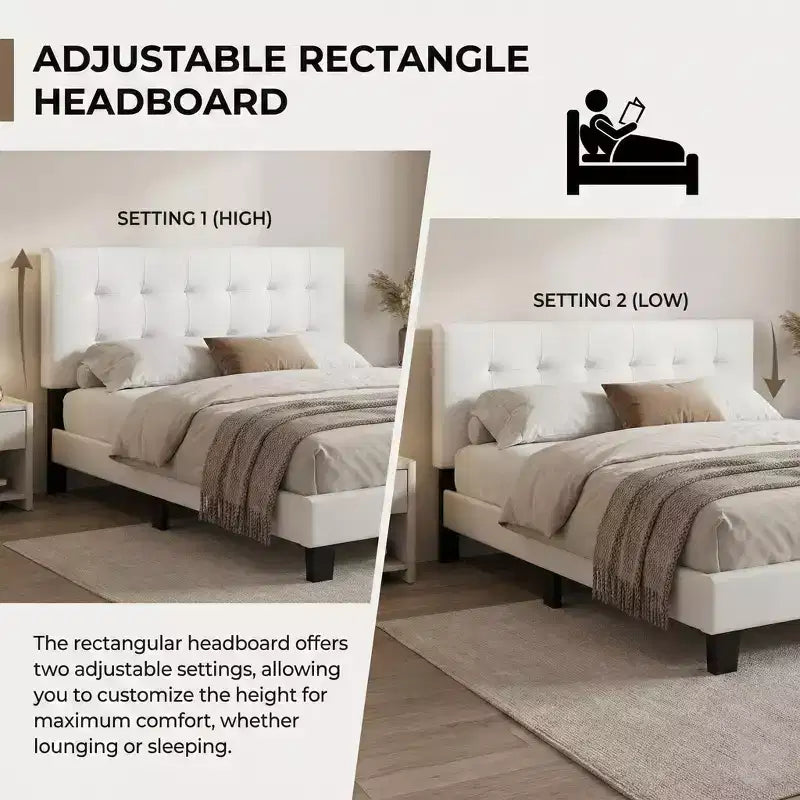 Contemporary Faux Leather Platform Bed Frame with Adjustable Rectangle Headboard, No Box Spring