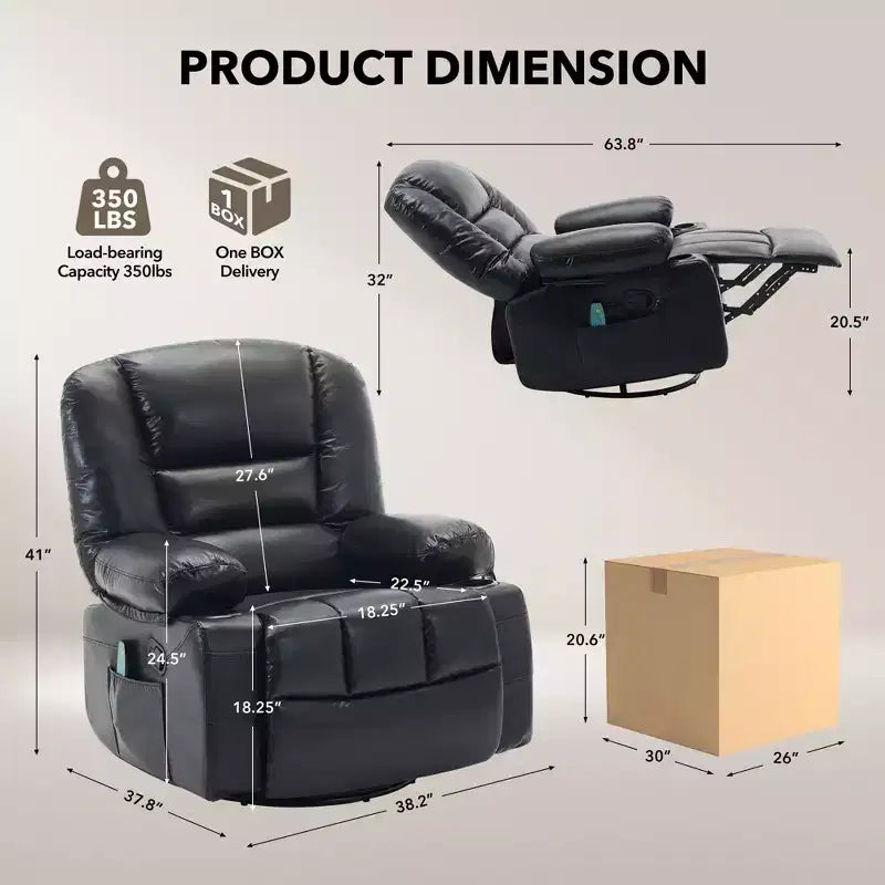 360 Swivel Recliner Chair with Heat & Massage, Manual Rocker Recliner, Cup Holders & Storage Pockets, Chenille/PU Leather for Living Room & Bedroom