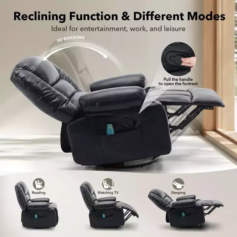 360 Swivel Recliner Chair with Heat & Massage, Manual Rocker Recliner, Cup Holders & Storage Pockets, Chenille/PU Leather for Living Room & Bedroom